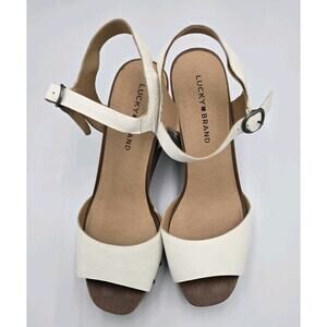 Lucky Brand White Leather Wedge Sandals Wood Grain Heel Size 8.5